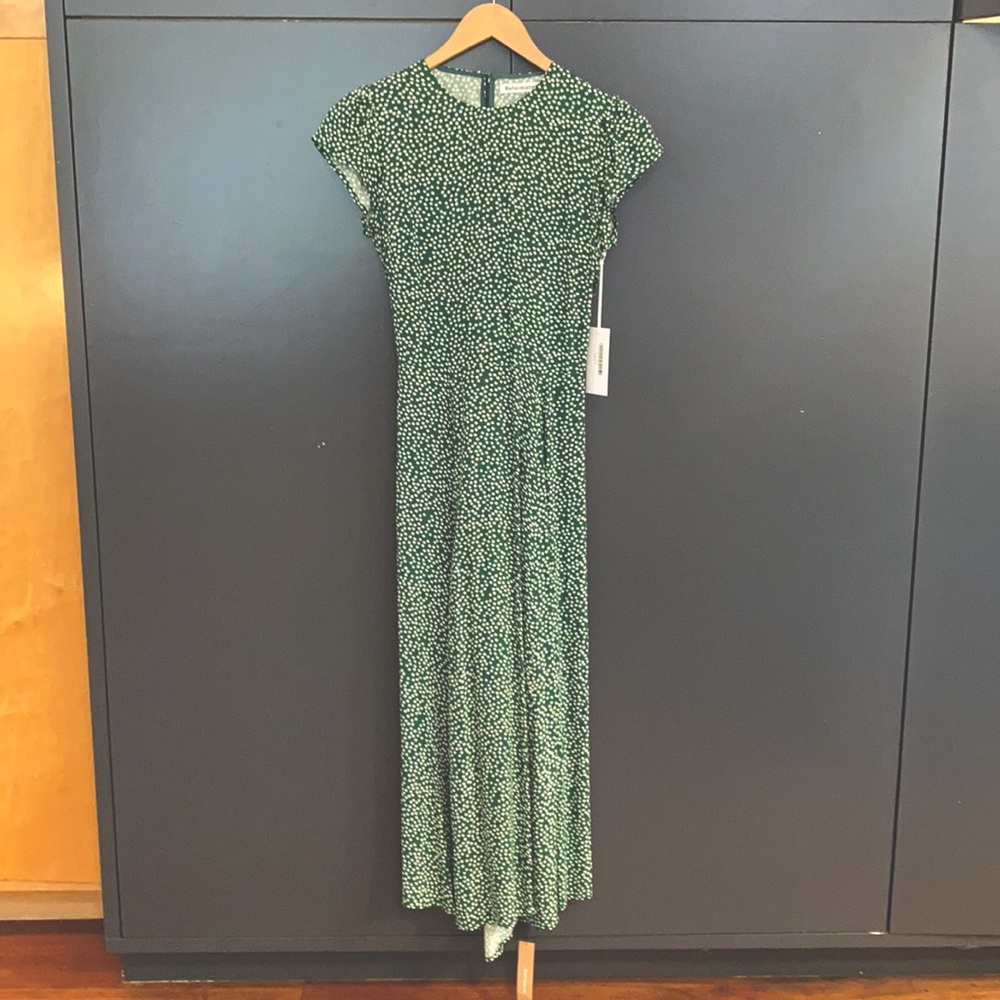 Green dress, white floral print from REFORMATION